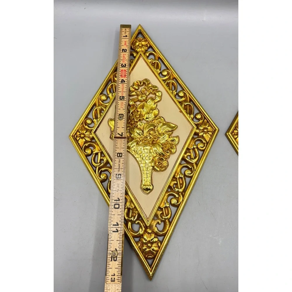 Vtg Syroco Diamond‎ Shaped Wall Art Set Gold Tone Musical Notes Floral Hollywood